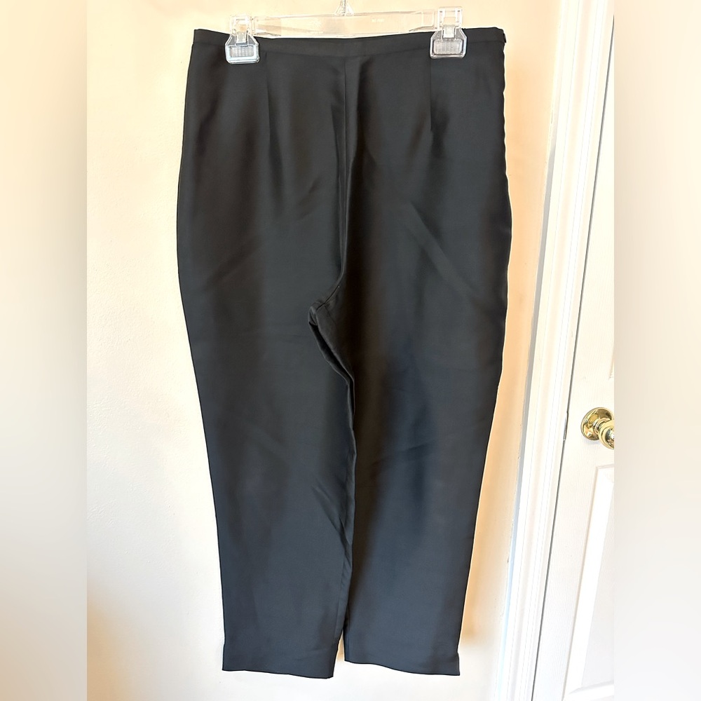 Black 100% silk flat-front side zip trousers with elastic waist panels. size 14